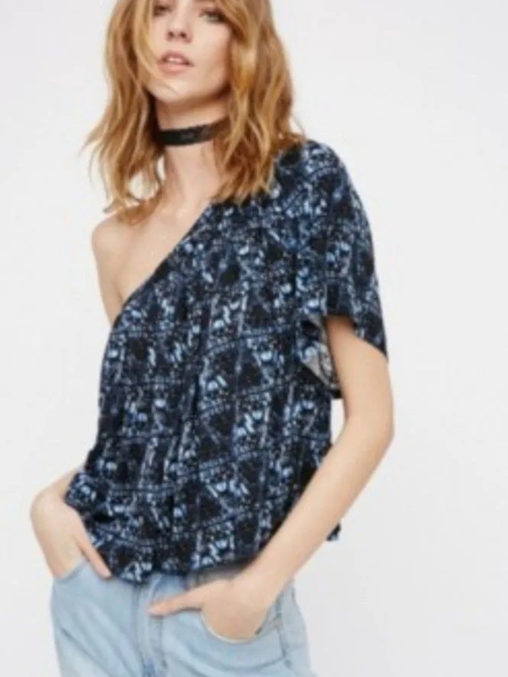 Free People One-Shoulder Navy and Light Blue Printed Tunic